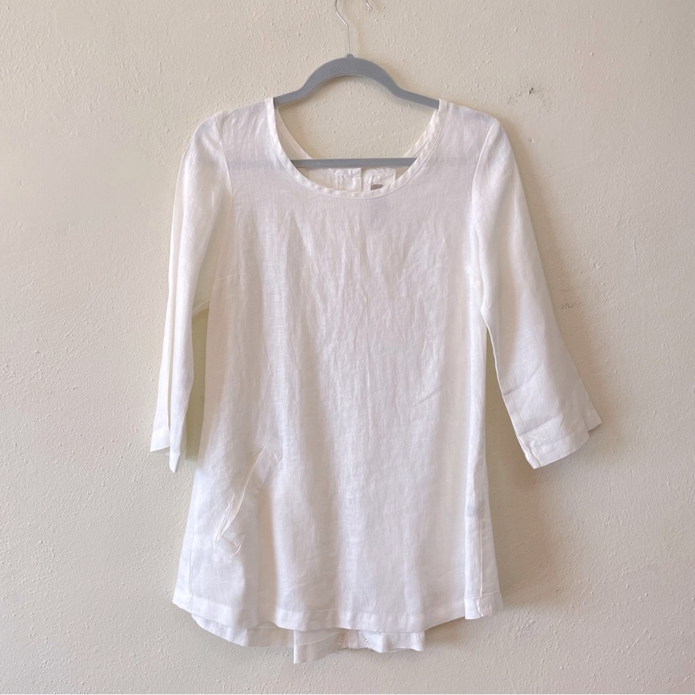 Flax 100% linen 3/4 sleeves top blouse size S pleated pocket lagenlook